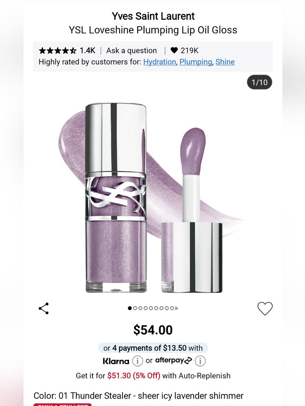 Yves Saint Laurent Lilac Shimmer Plumping Lip Gloss 01 thunder stealer